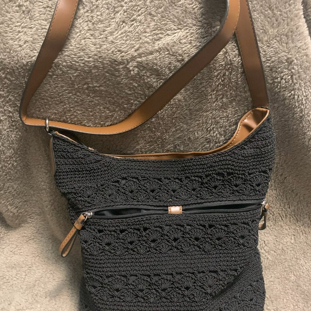 The Sak Crochet Woven Black Handbag Shoulder Bag Purse Medium